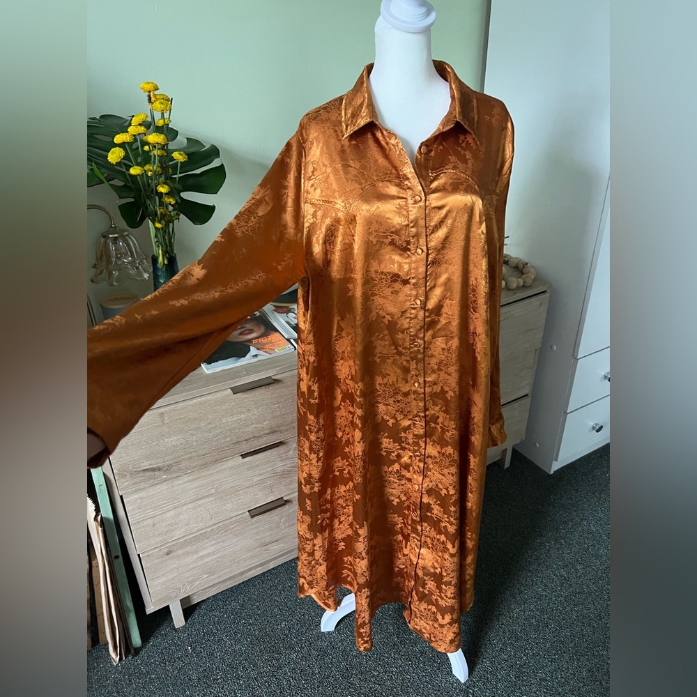 Metallic Copper Orange Floral Modest Long-Sleeve Button Down Shirt Flowy Dress - Picture 9 of 16